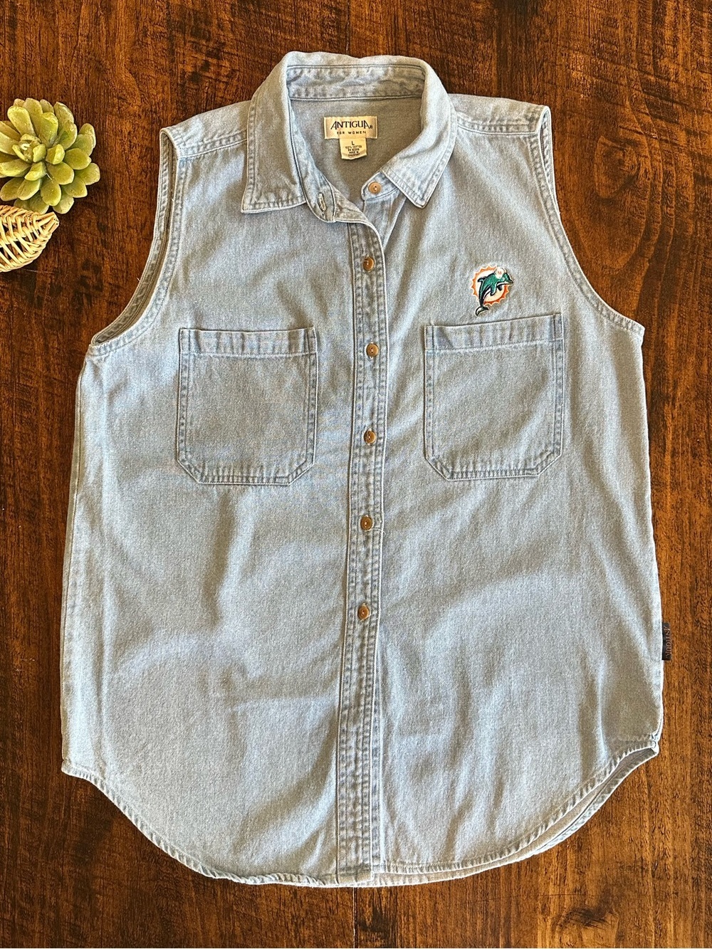 Antigua | Vintage 90s Miami Dolphins Sleeveless Denim Button Down Shirt, Size L